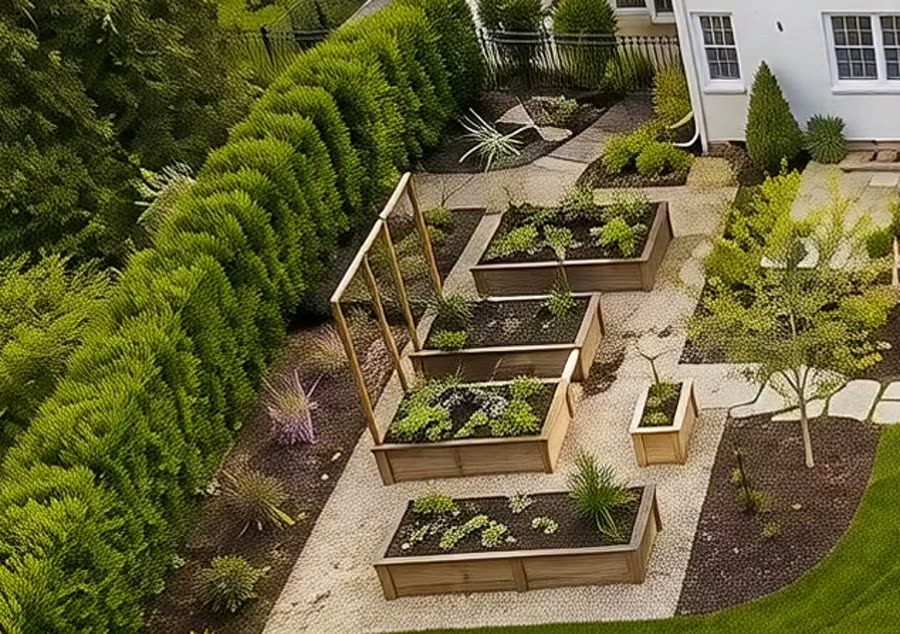 Cedar raised beds on a gravel pad with a timber trellis