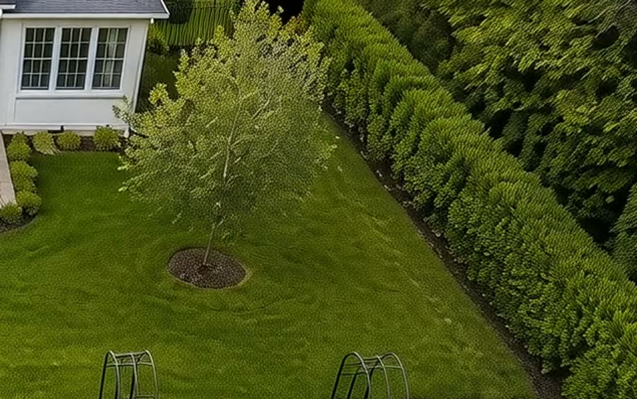Mulched shrub and perennial borders along a hedge