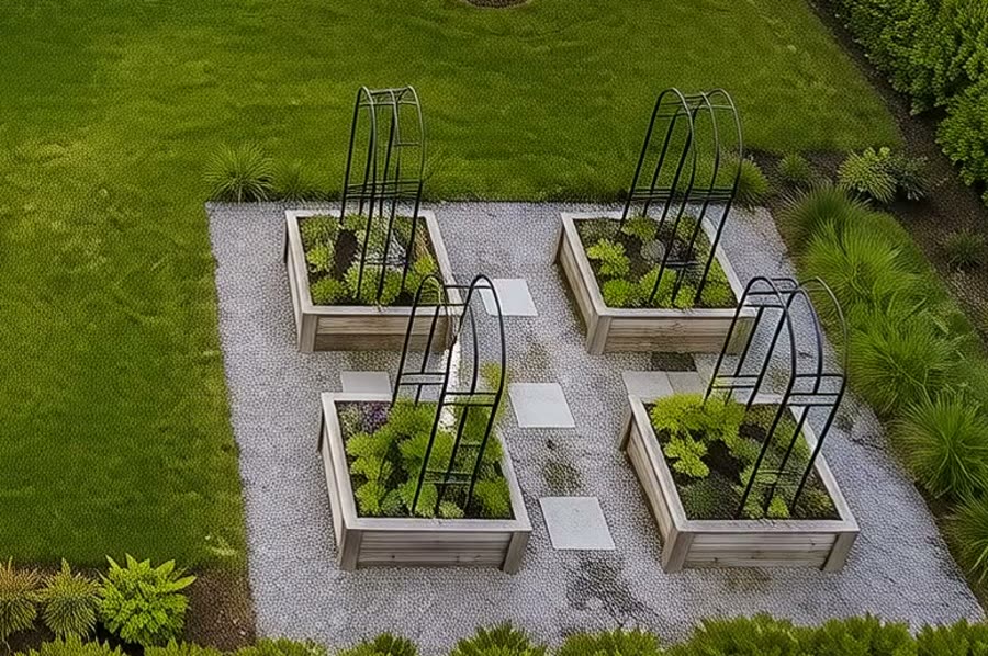 Steel arch trellises over planted beds