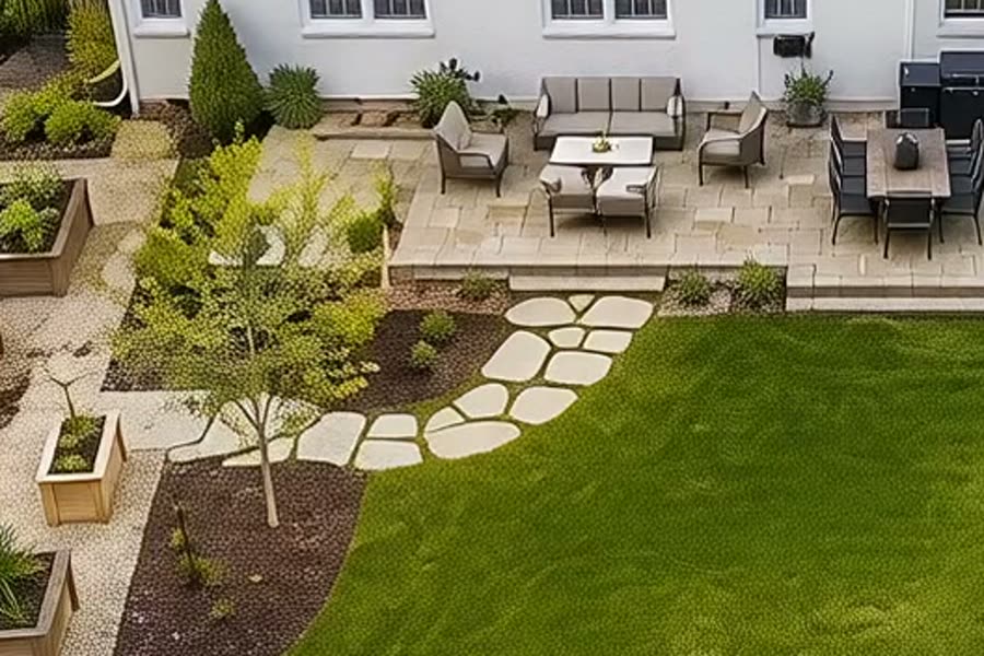 Flagstone stepping stones set into the lawn