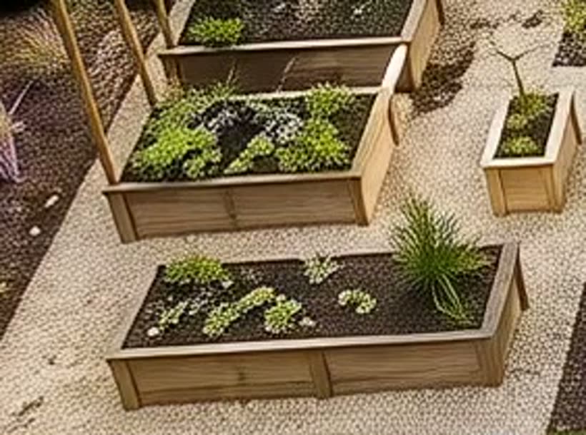 Two cedar raised beds on a pea gravel pad