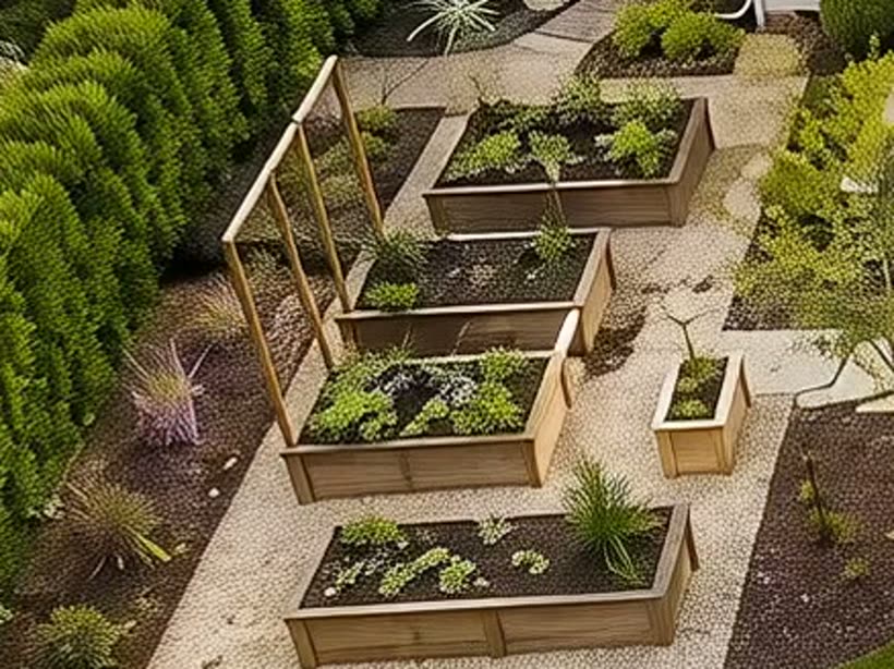 Four cedar raised beds with gravel paths and planting