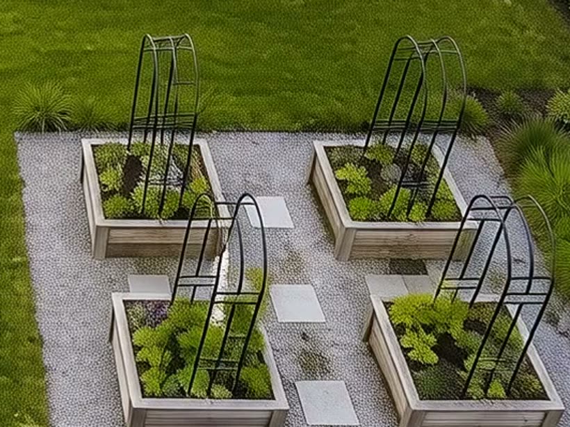 Six cedar raised beds with arch trellises and paved walkways